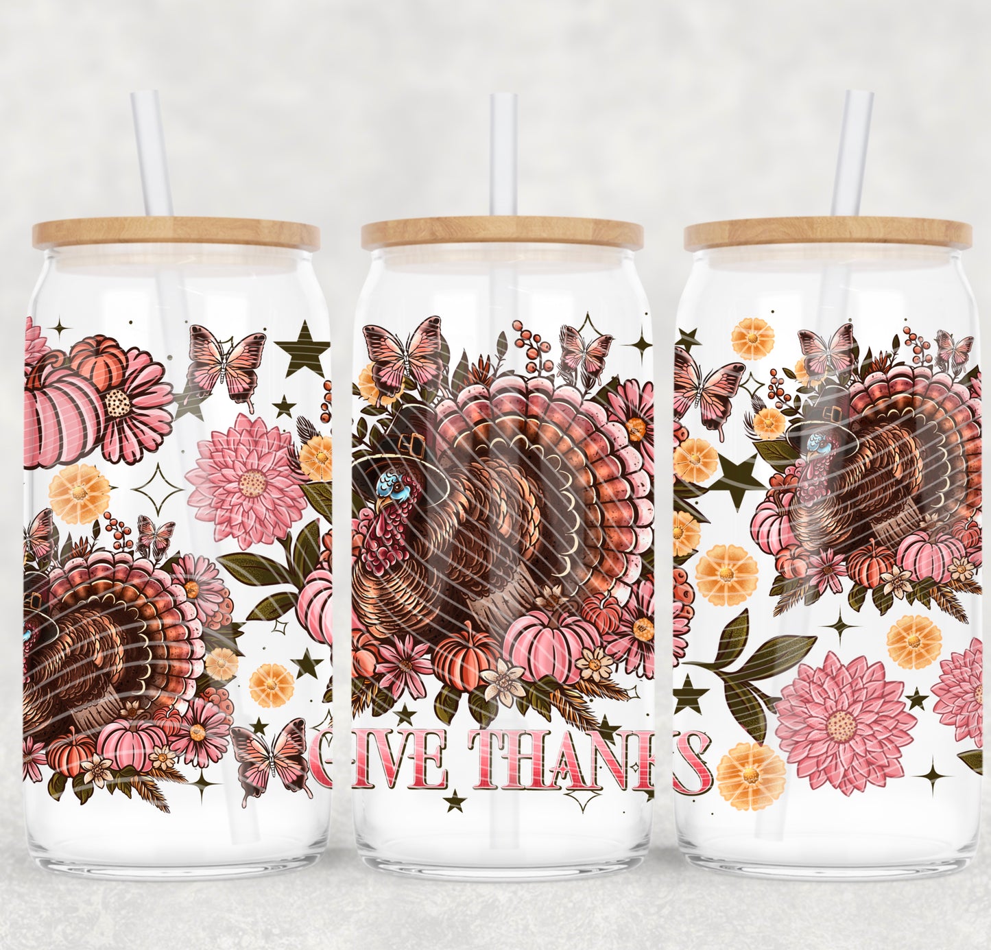 š¦ āGive Thanksā Fall Floral Turkey 16oz Glass Tumbler š¦