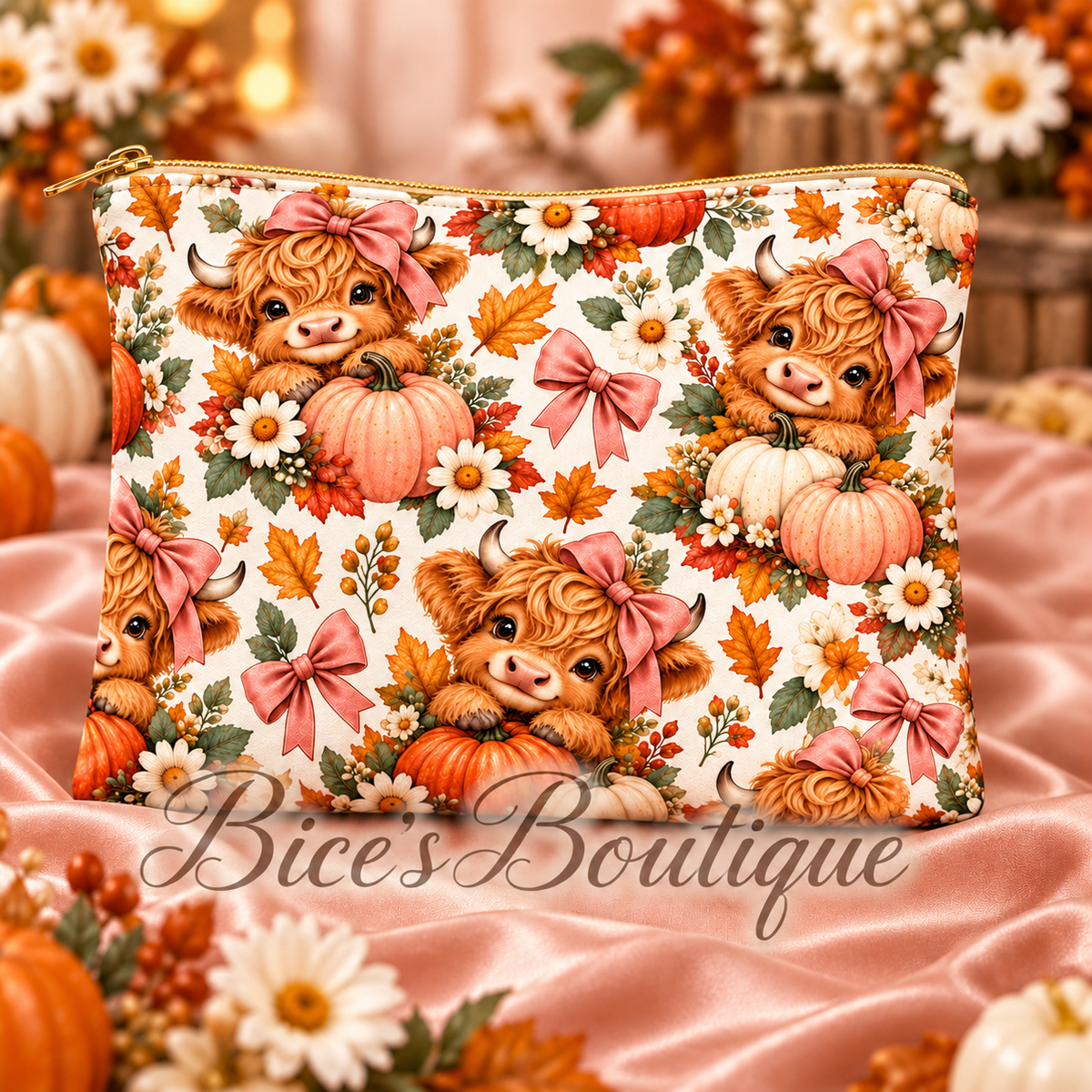 Autumn Highland Cow Makeup Bag