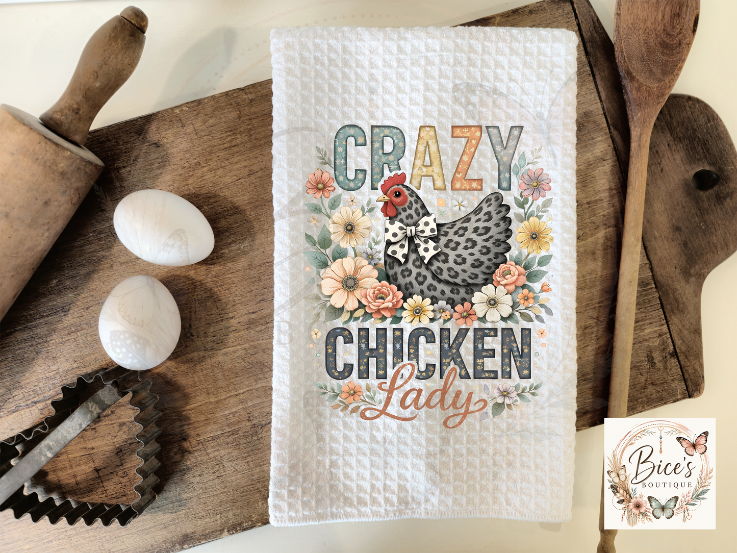Crazy Chicken Lady Waffle Kitchen Towel | Farmhouse Chicken Tea Towel | Floral Country Kitchen Décor