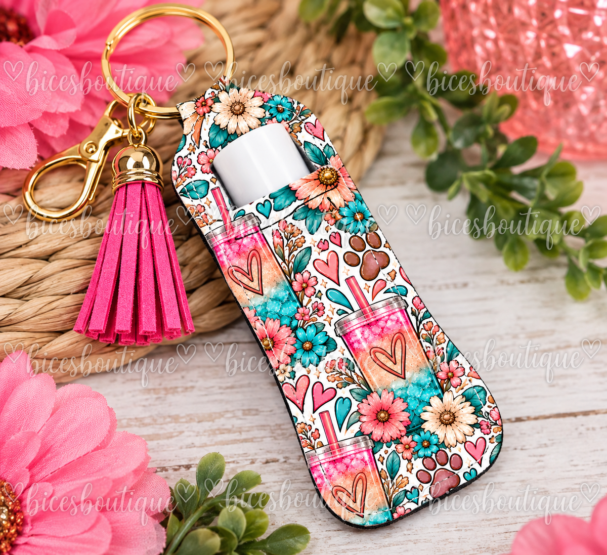 Loaded Tea & Dog Lover Chapstick Holder Keychain | Floral Lip Balm Keychain with Pink Tassel
