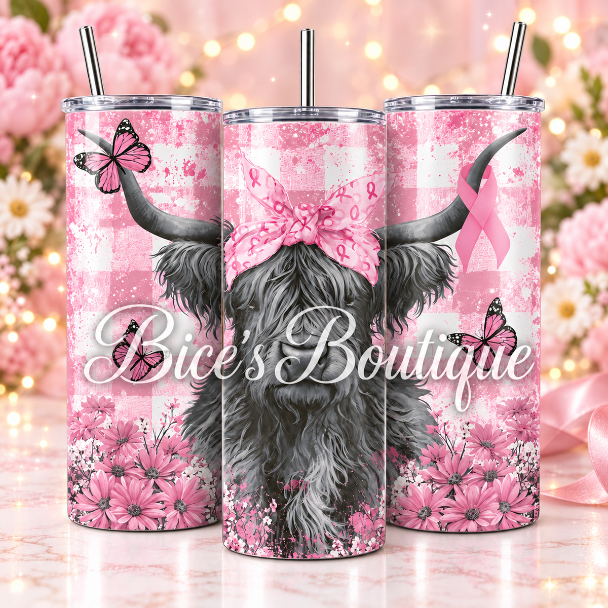 Pink Ribbon Highland Cow 20oz Tumbler
