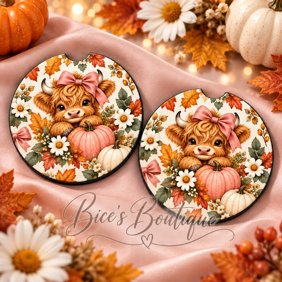 Autumn Highland Cow Car Coasters – Set of 2