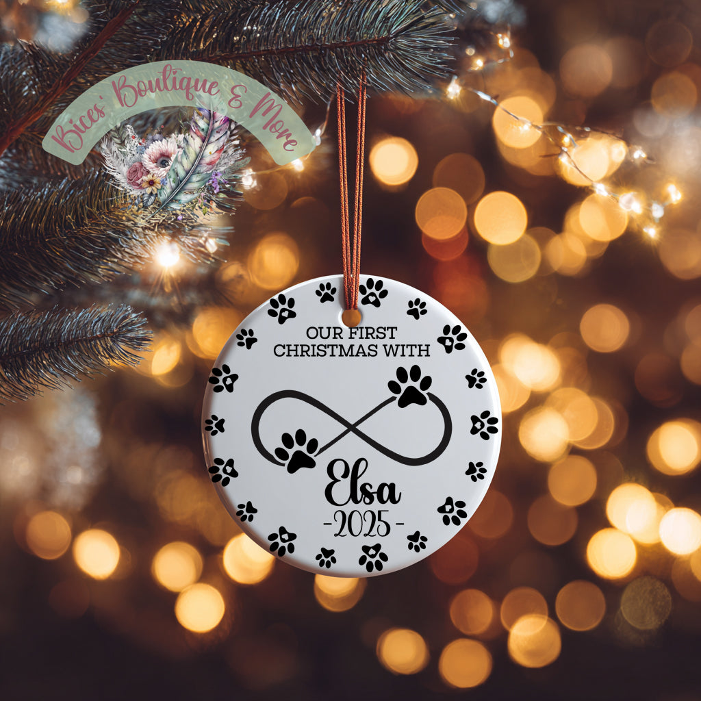 Our First Christmas With Pet Ornament – Personalized Paw Print Infinity Design 2025