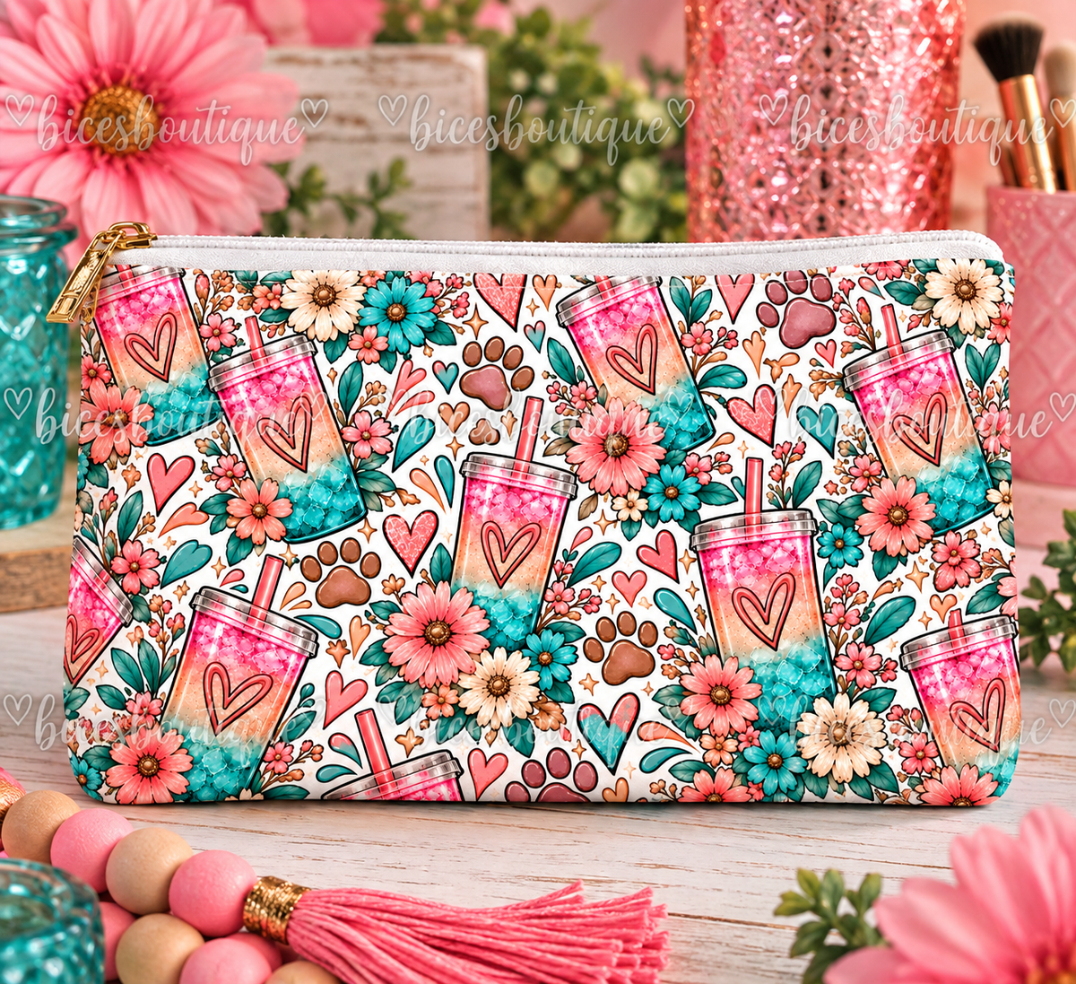 Loaded Tea & Dog Lover Makeup Bag | Floral Dog Mom Cosmetic Zipper Pouch