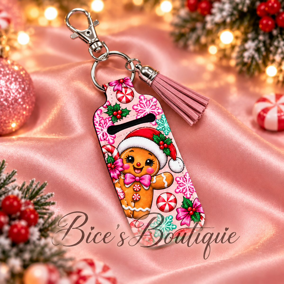 Pink Gingerbread Christmas Chapstick Holder Keychain