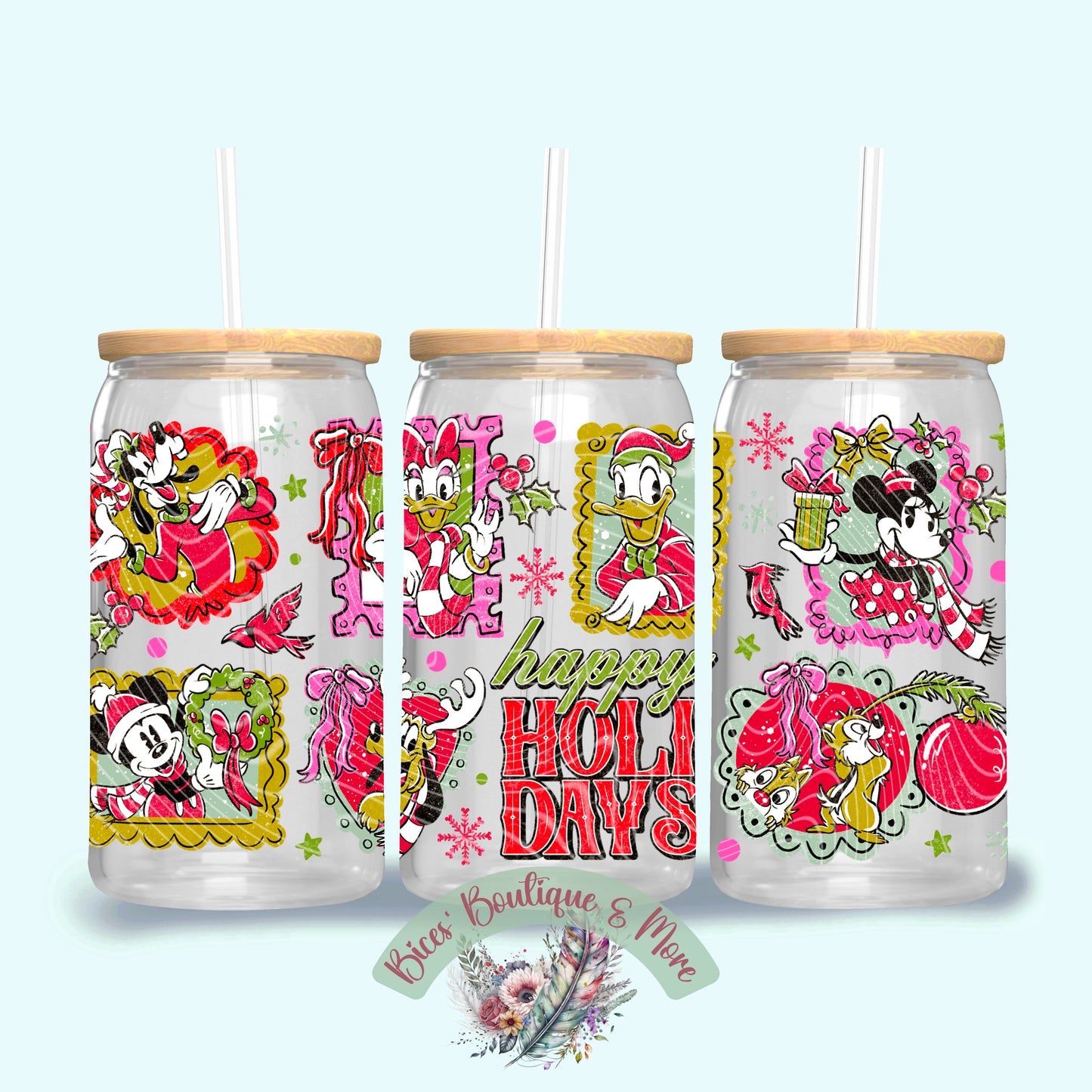 Retro Holiday Cheer 16oz Glass Tumbler – Festive Christmas Tumbler with Lid & Straw