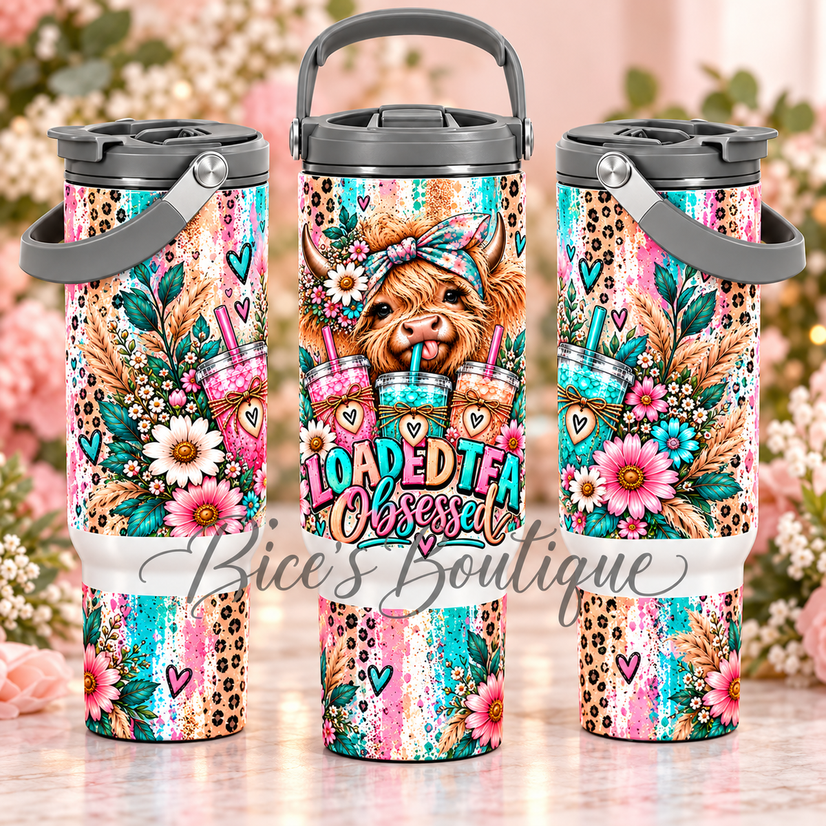 Loaded Tea Obsessed Highland Cow 30oz Carry Handle Tumbler