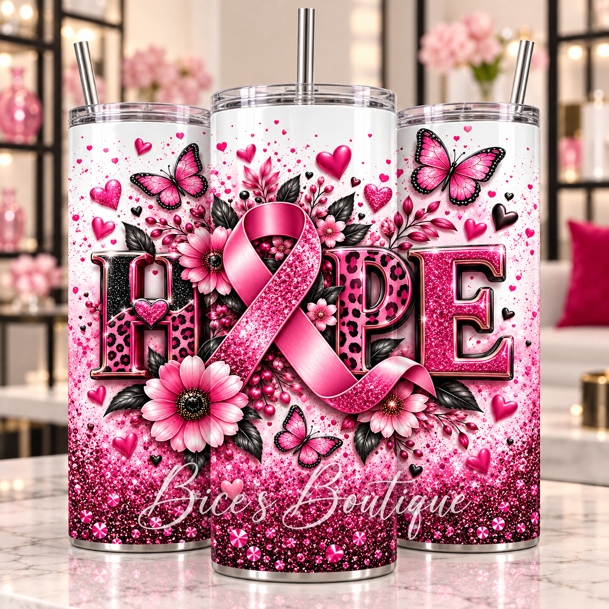Hope Hot Pink Leopard & Butterfly 20oz Tumbler