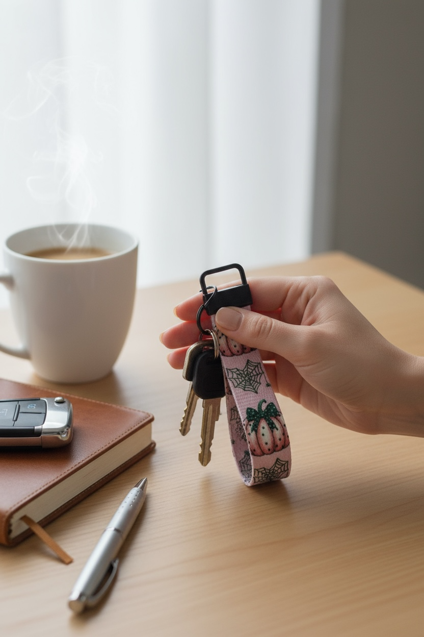 Pink Pumpkin Wristlet Keychain – Spooky Cute Halloween Key Fob