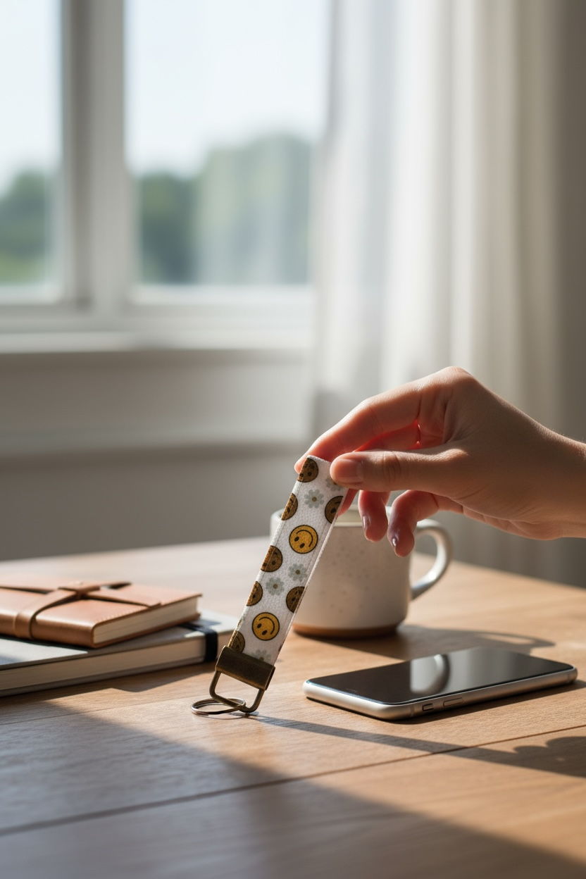 Smiley Face Wristlet Keychain – Retro Happy Vibes Key Fob