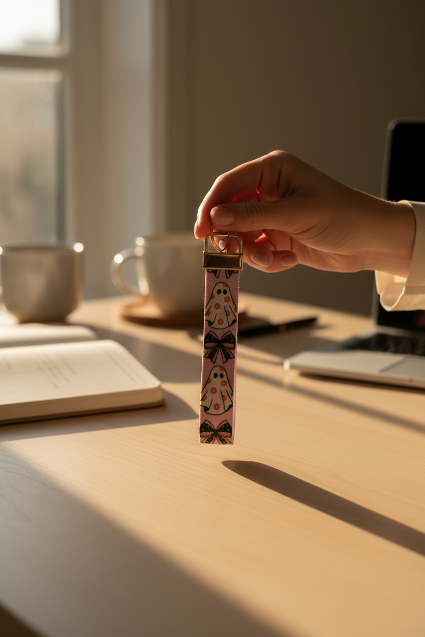 Floral Ghost Wristlet Keychain – Spooky Cute Bow Key Fob