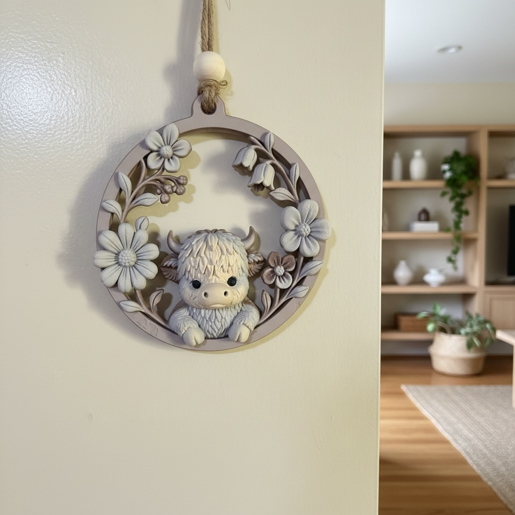Highland Cow Floral Hoop Wall Decor | 3D Printed Boho Farmhouse Hanging