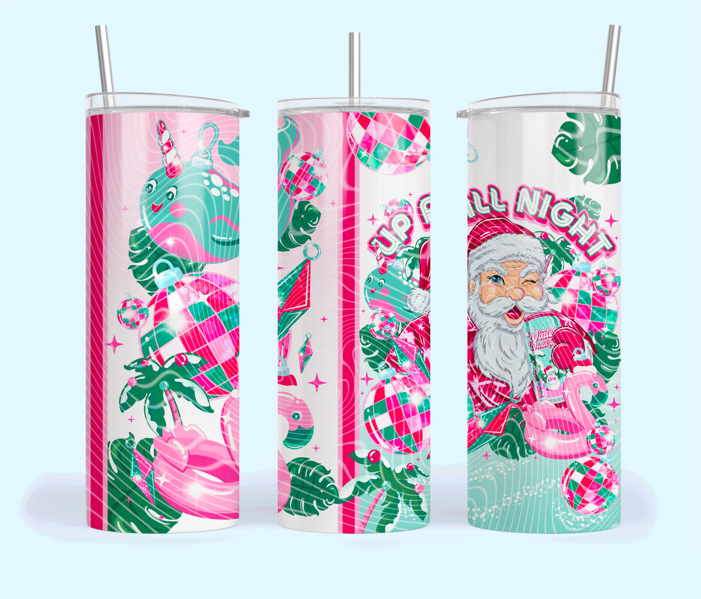 Up All Night Tropical Santa 20oz Tumbler – Retro Pink & Green Christmas Cup with Straw