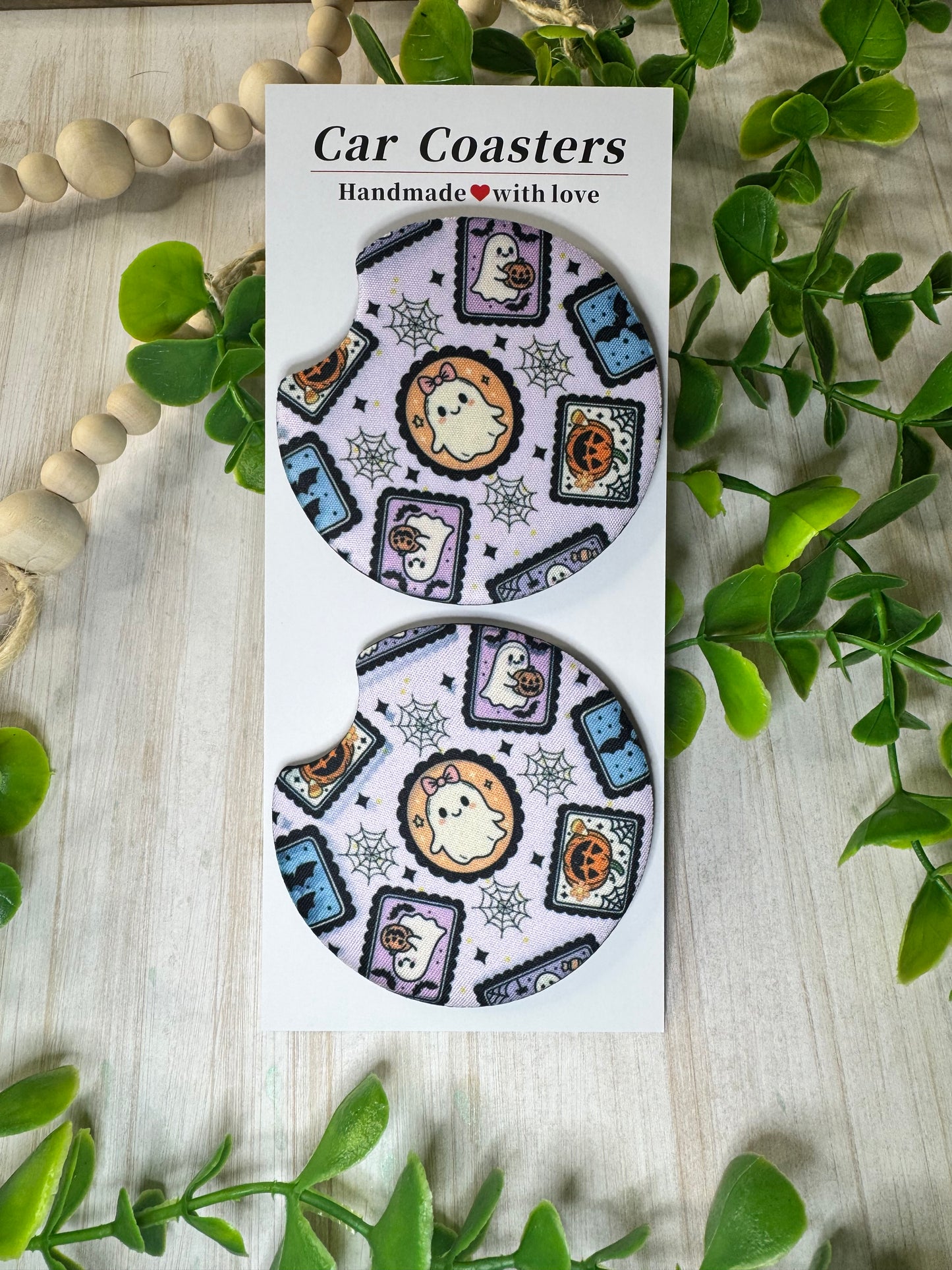 💌 Spooky Mail Car Coasters – Ghost Stamps & Webs (Set of 2)