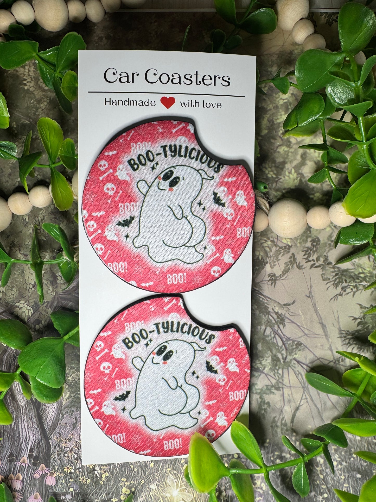 “Boo-tylicious” Halloween Ghost Car Coasters (Set of 2)