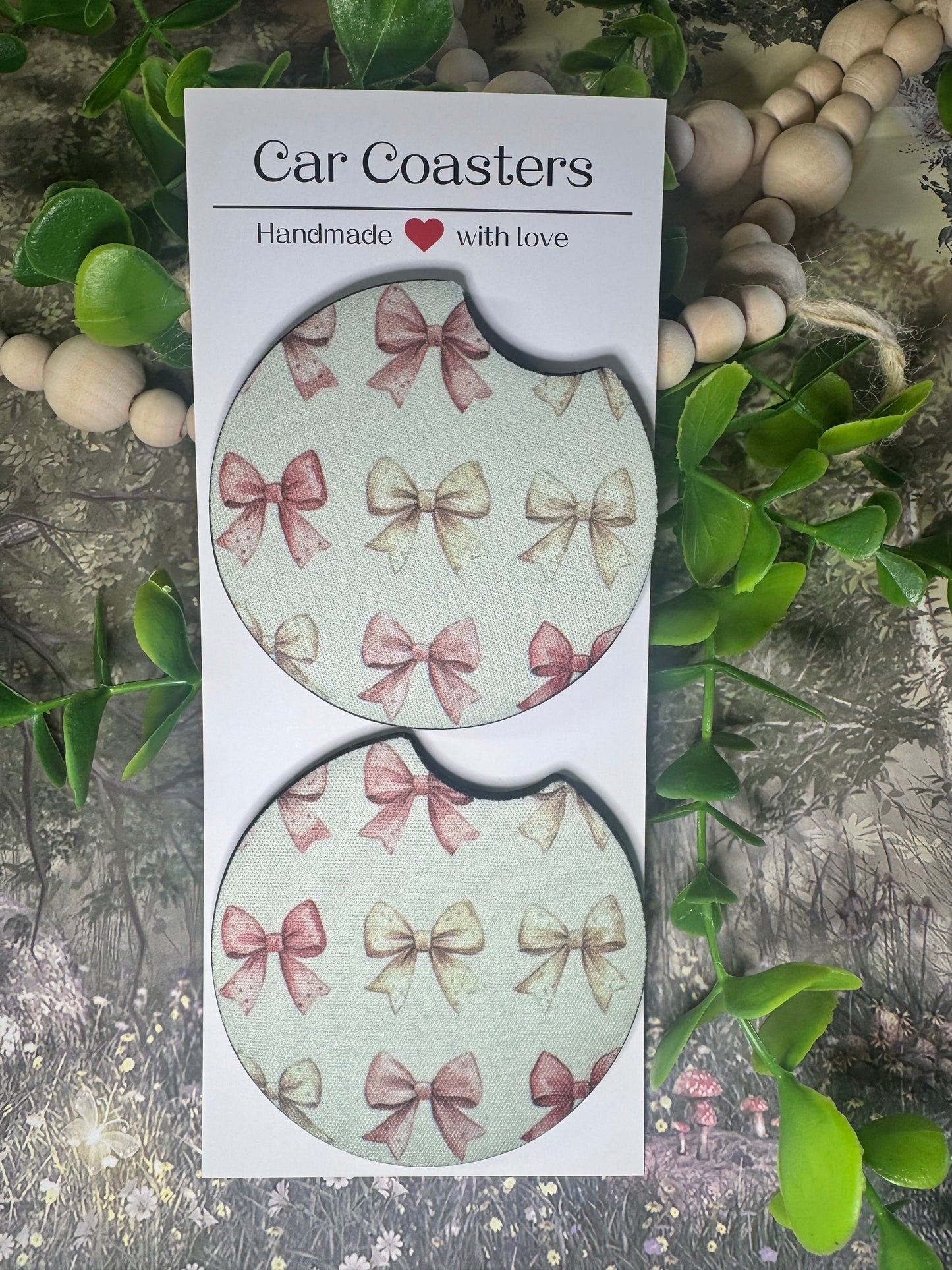 Pink & Cream Bow Car Coasters (Set of 2) 🎀