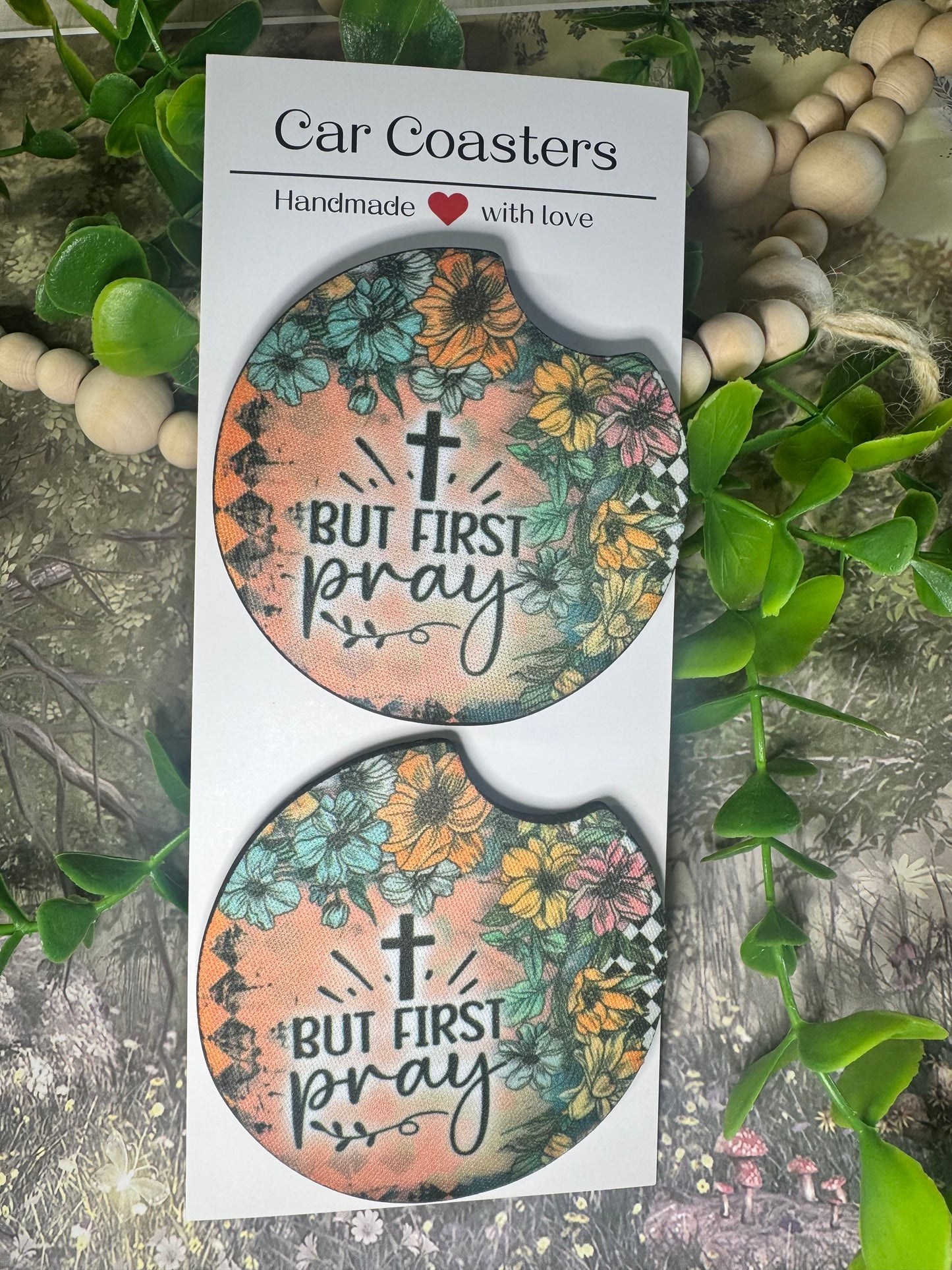 But First, Pray Car Coasters (Set of 2) 🙏🌸