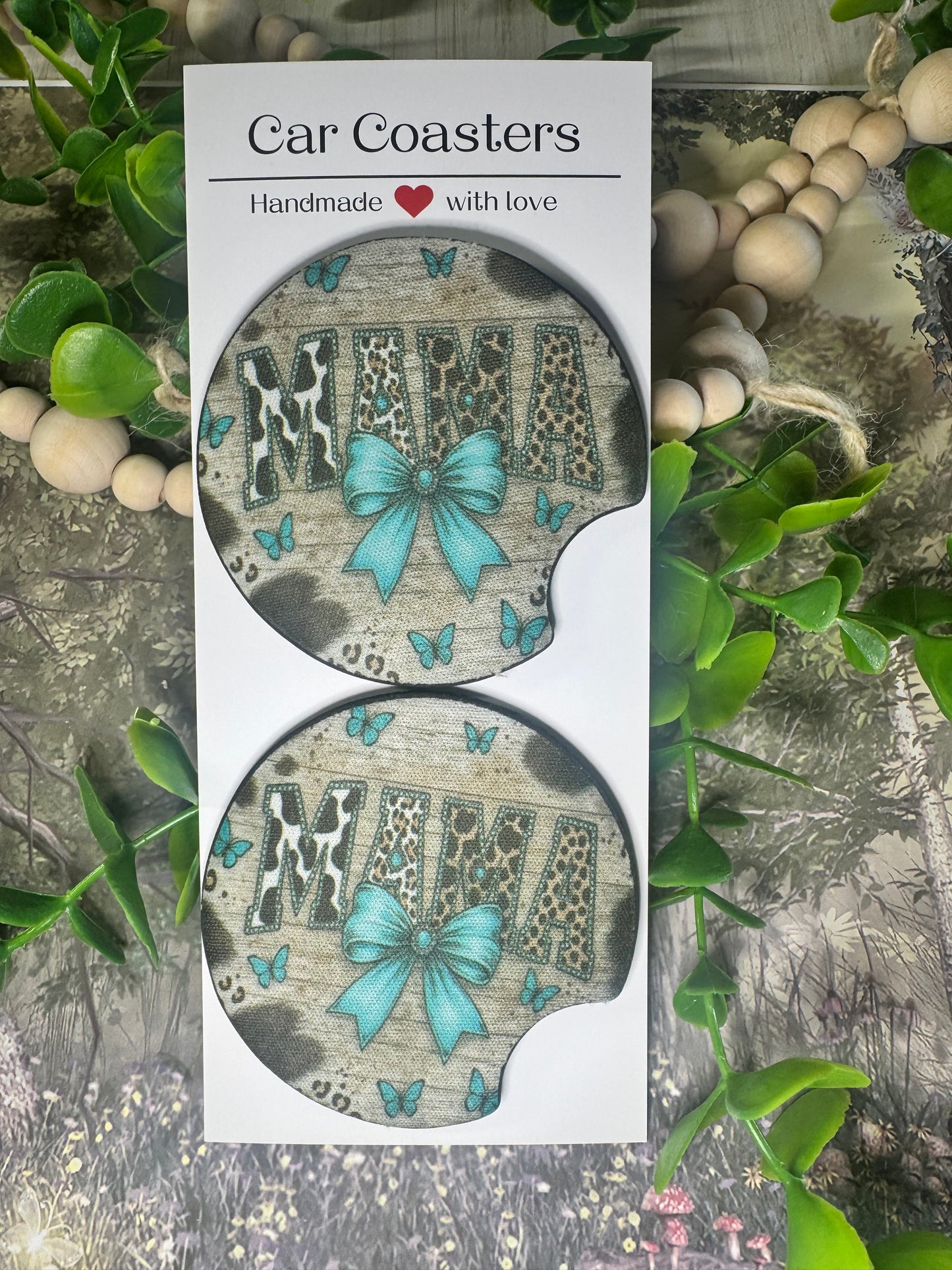 Leopard & Teal Bow Mama Car Coasters (Set of 2) đ©”đ