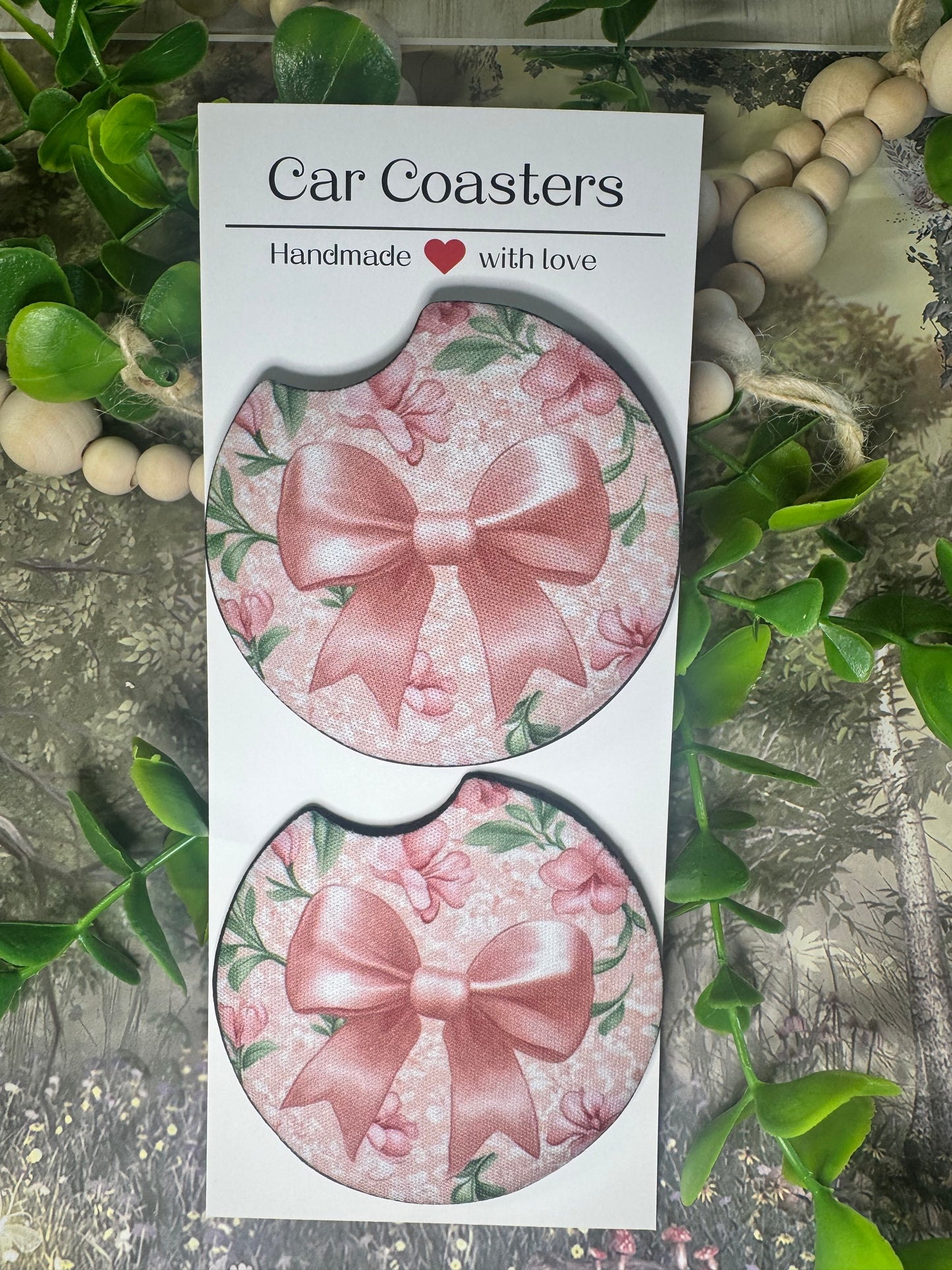 🎀 Pink Blossom Bow Car Coasters (Set of 2)