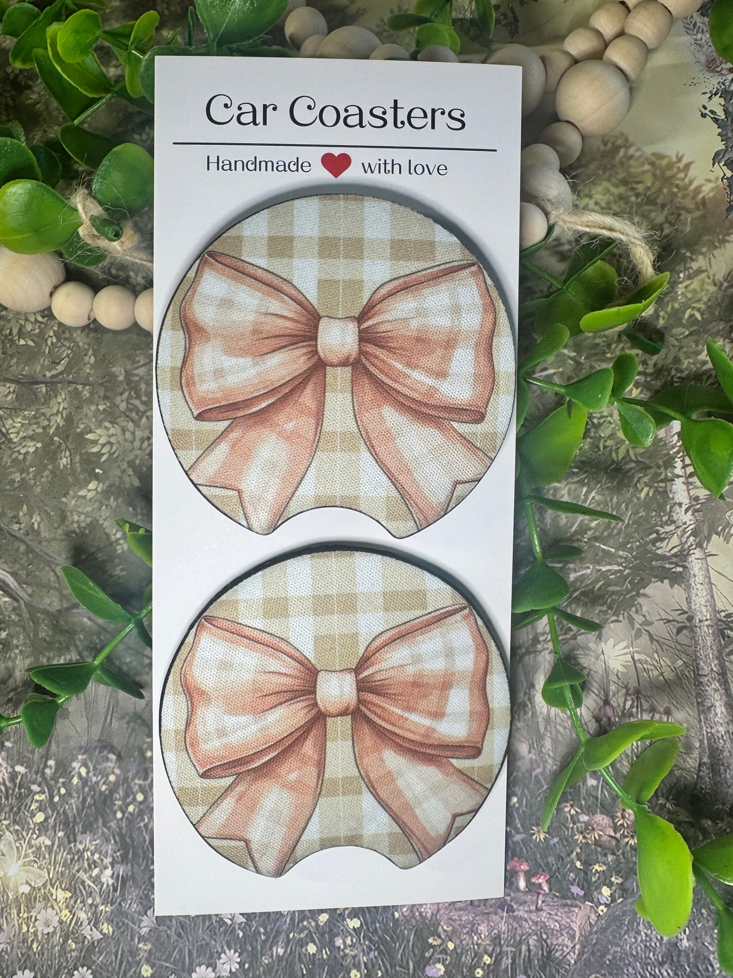 Neutral Gingham Bow Car Coasters (Set of 2) 🤎🎀
