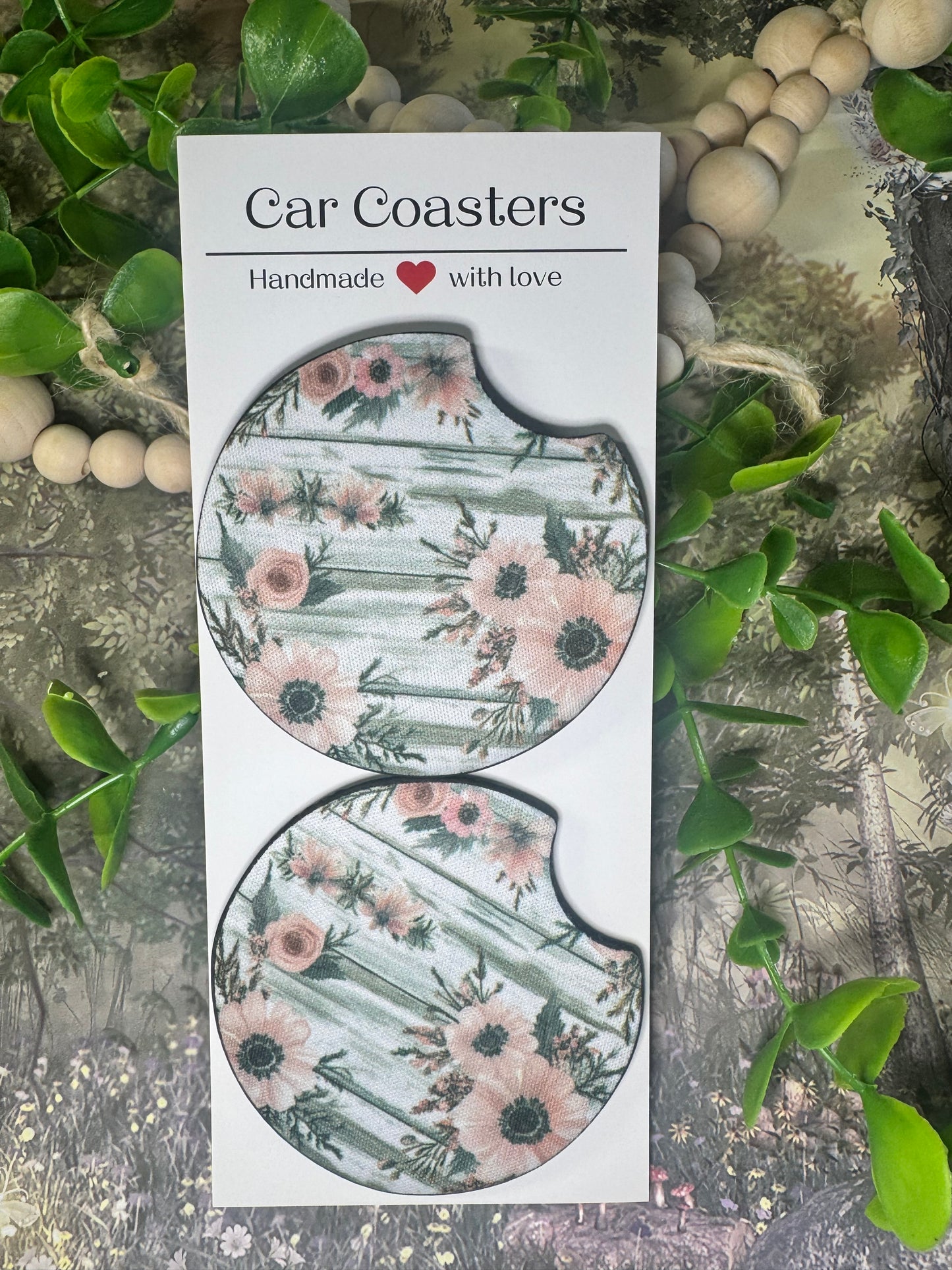 🌸 Rustic Floral Stripe Car Coasters (Set of 2)