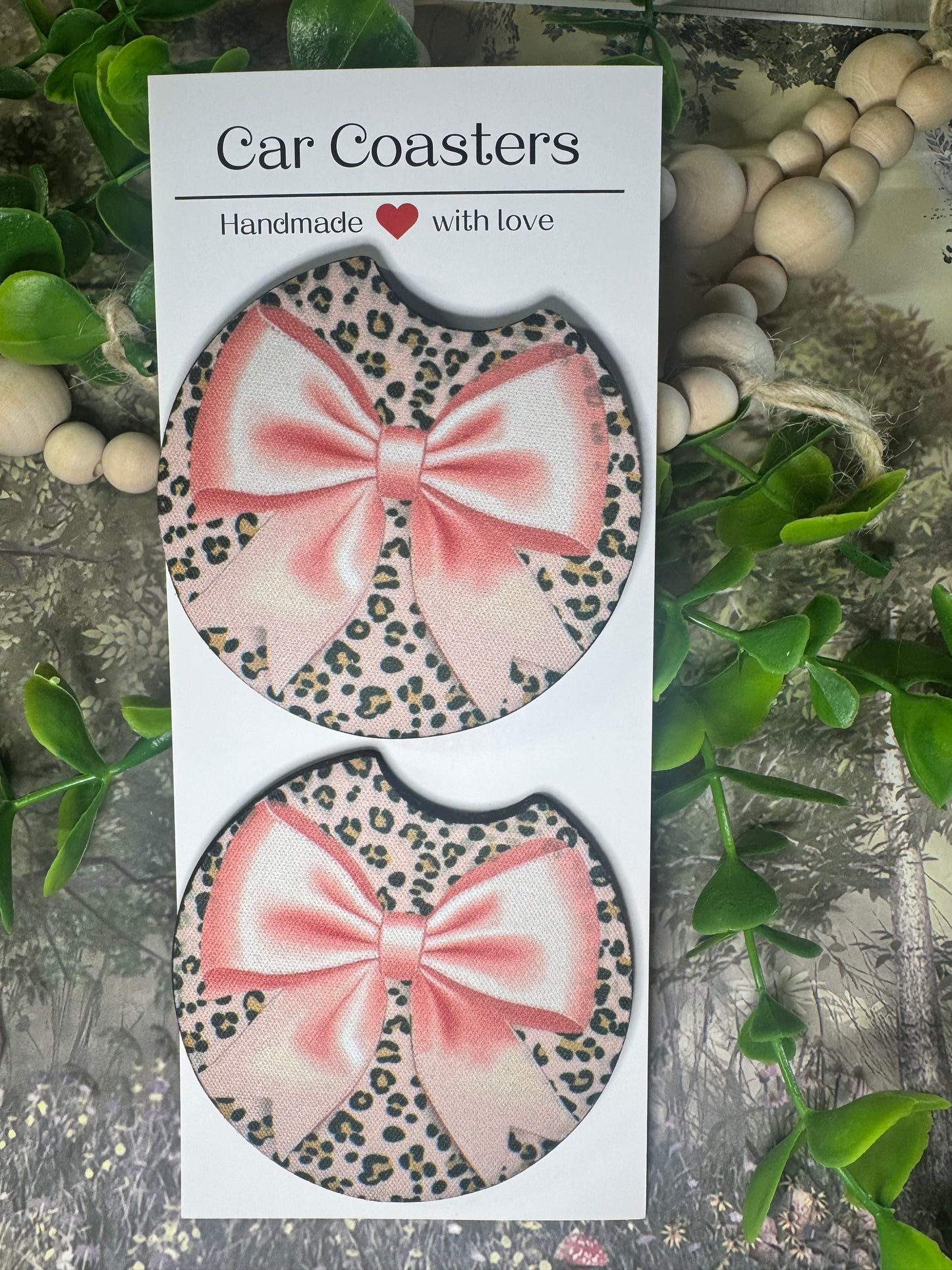 🐆 Leopard Bow Car Coasters (Set of 2)