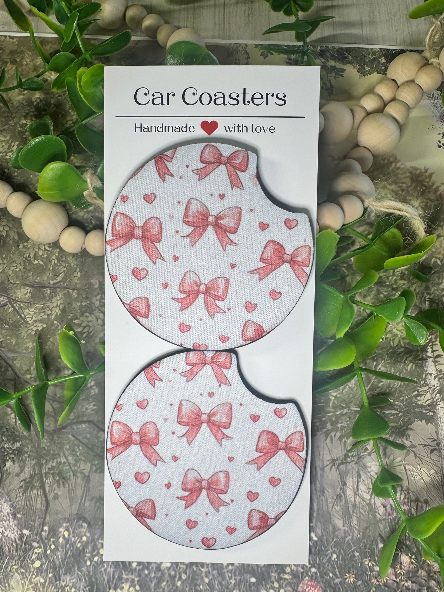 💘 Pink Bows & Hearts Car Coasters (Set of 2)