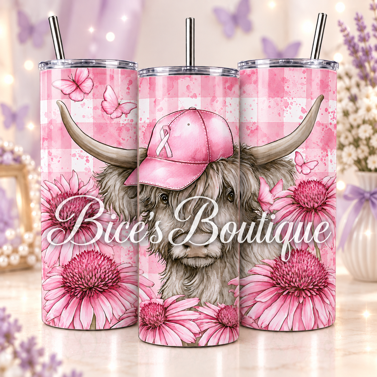 Pink Ribbon Highland Cow & Coneflower 20oz Tumbler