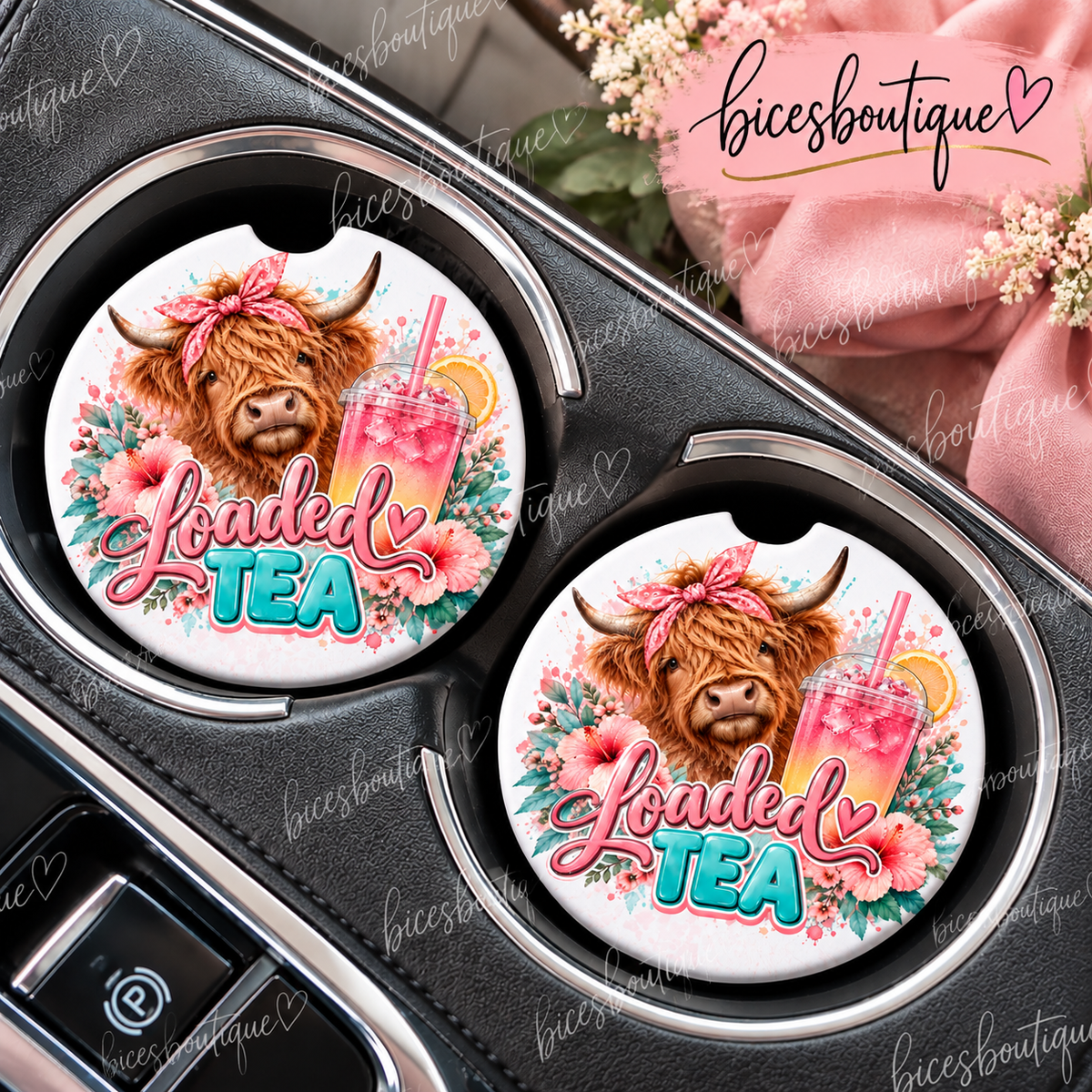 Highland Cow Loaded Tea Car Coasters โ Set of 2