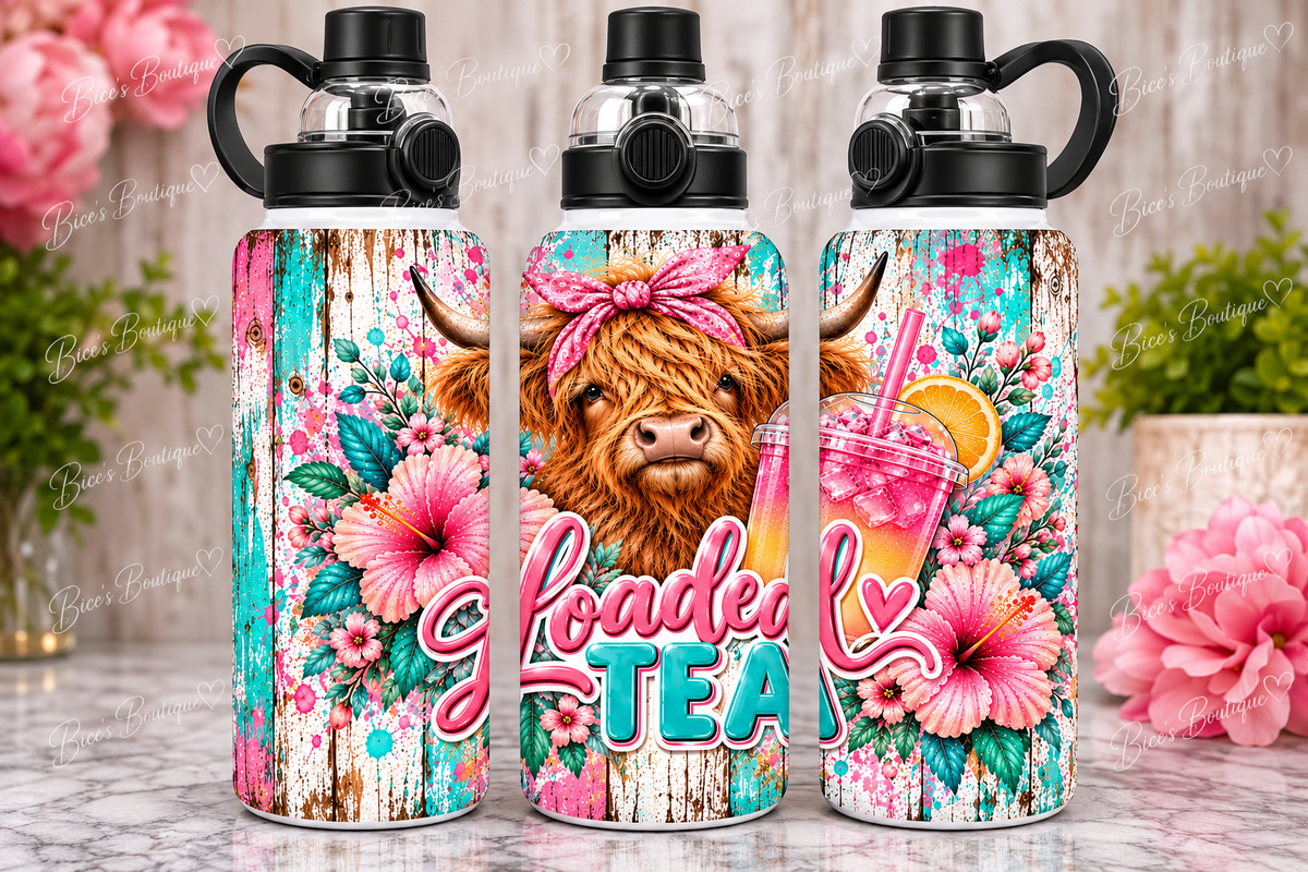 Highland Cow Loaded Tea 32oz Sport Water Bottle | Pink & Turquoise Floral Cow Design