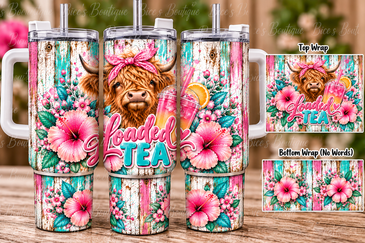Highland Cow Loaded Tea 40oz Tumbler | Pink & Turquoise Floral Cow Cup with Handle