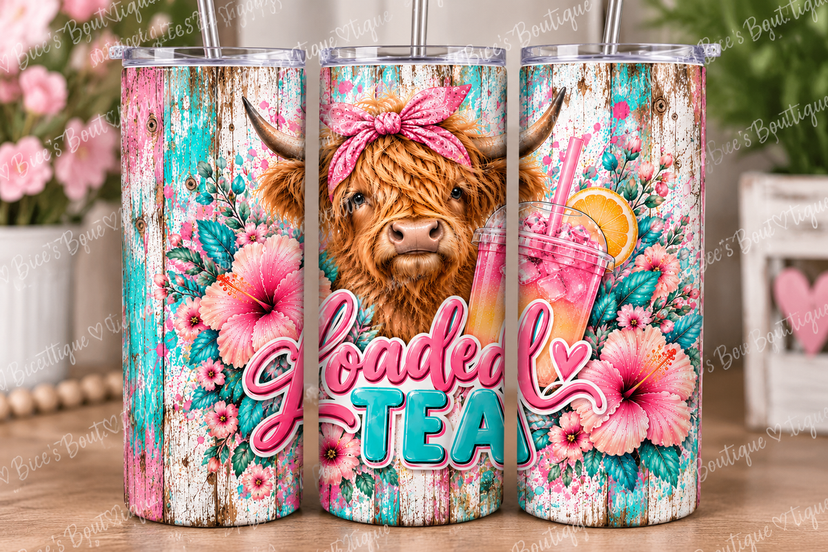 Highland Cow Loaded Tea 20oz Skinny Tumbler | Floral Cow Drink Cup