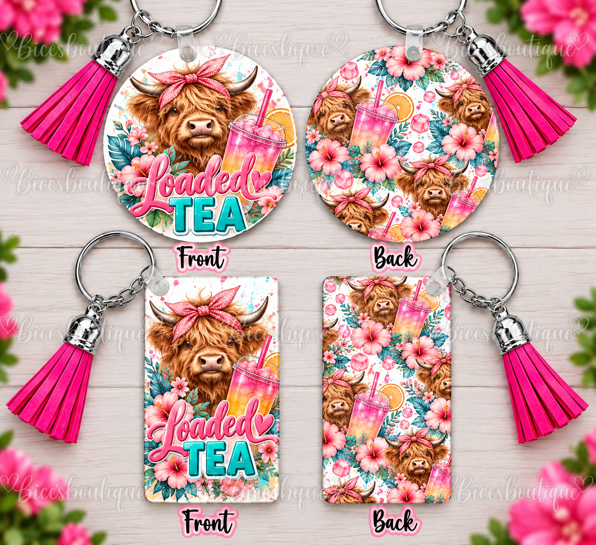 Loaded Tea Highland Cow Keychain | Round or Rectangle | Pink Floral Cow Keychain with Tassel