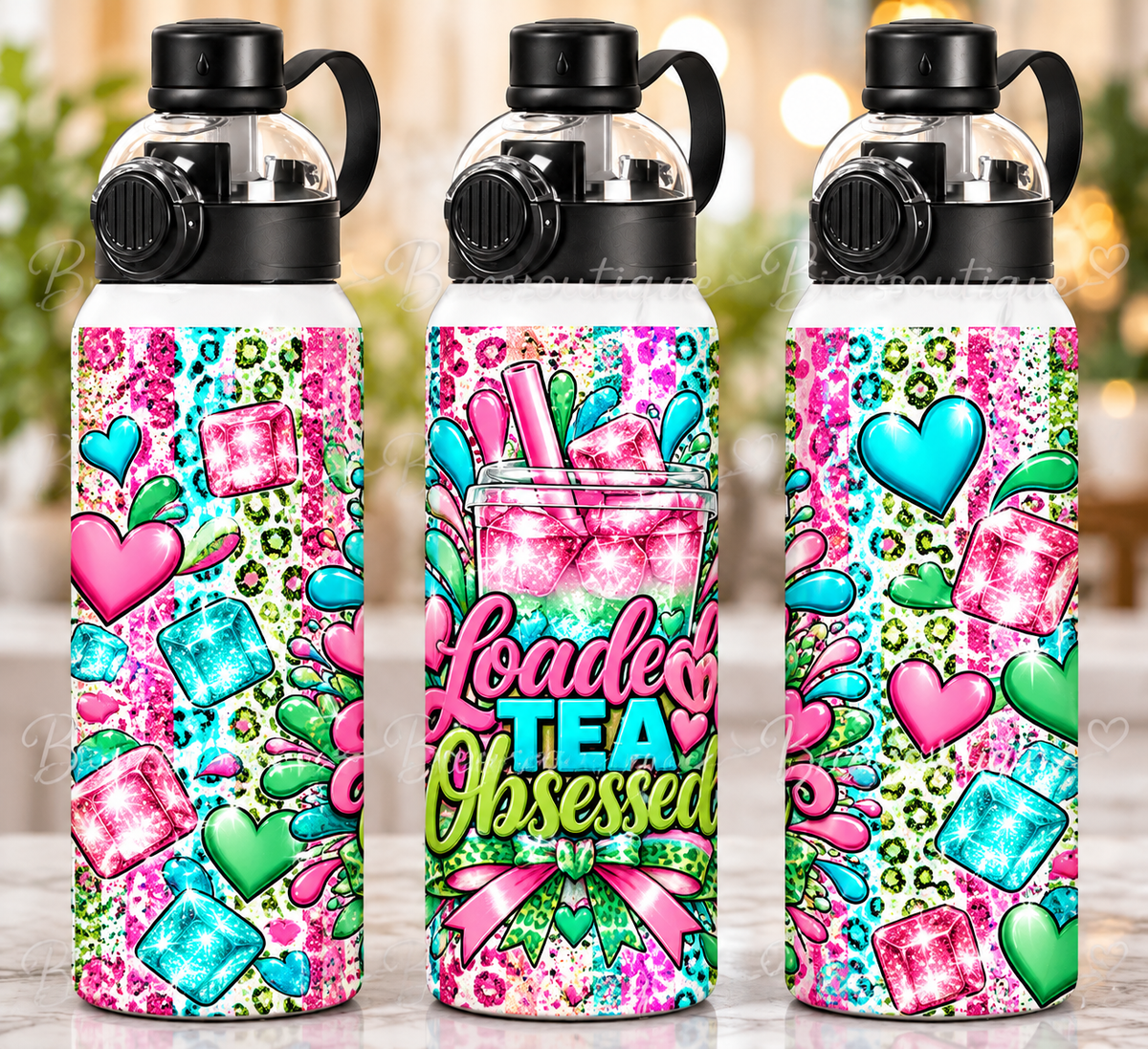 32oz Loaded Tea Obsessed Sports Tumbler | Pink Teal & Green Leopard Print Water Bottle