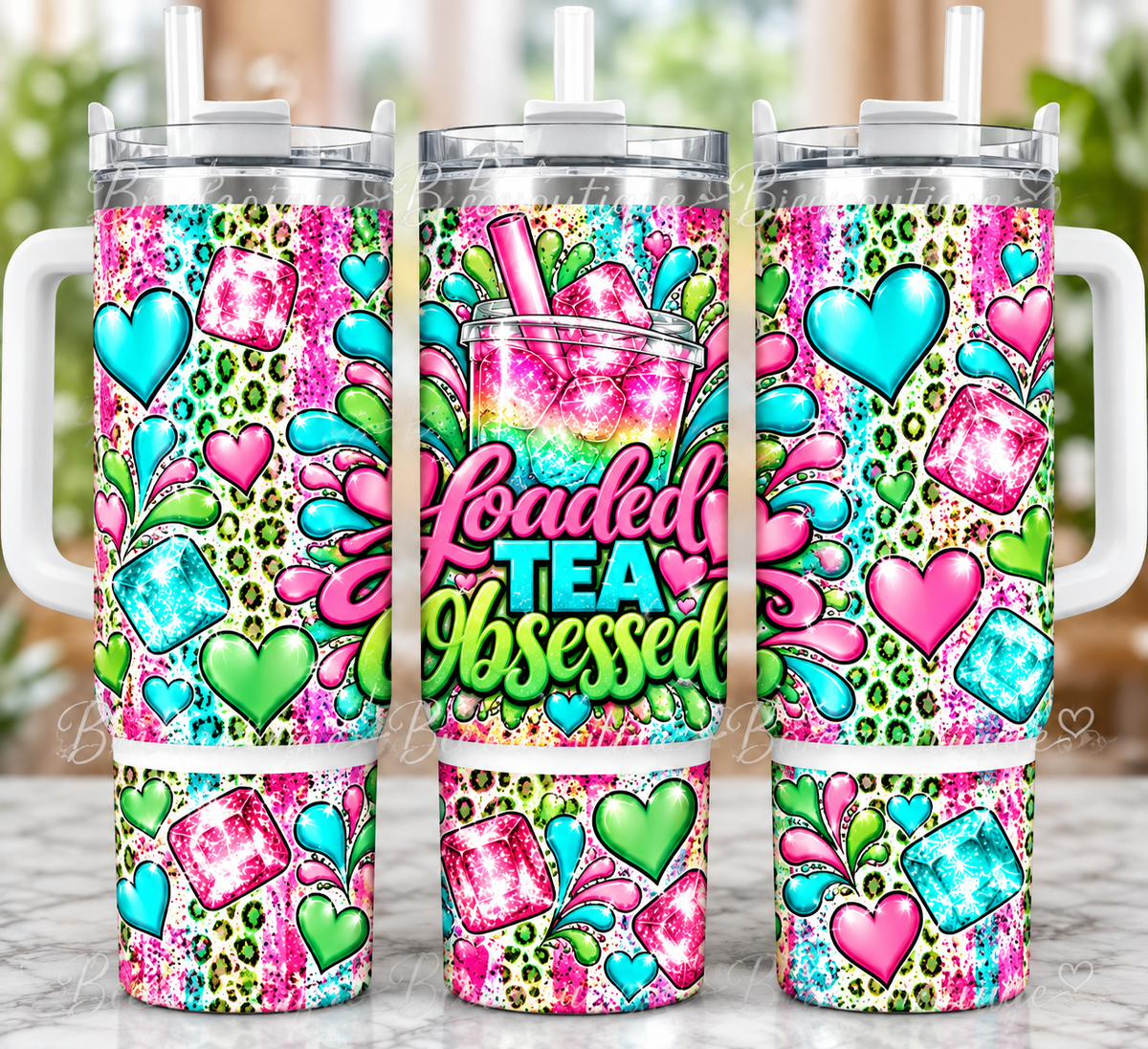 40oz Loaded Tea Obsessed Tumbler | Pink Teal & Green Leopard Print Cup with Handle & Straw
