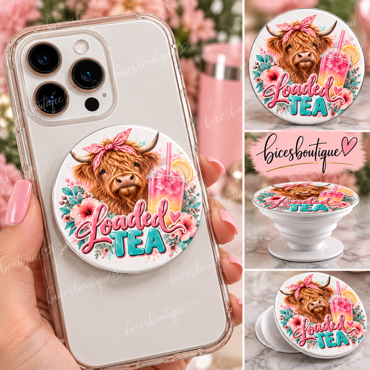 Highland Cow Loaded Tea Phone Grip | Cute Floral Cow Phone Accessory