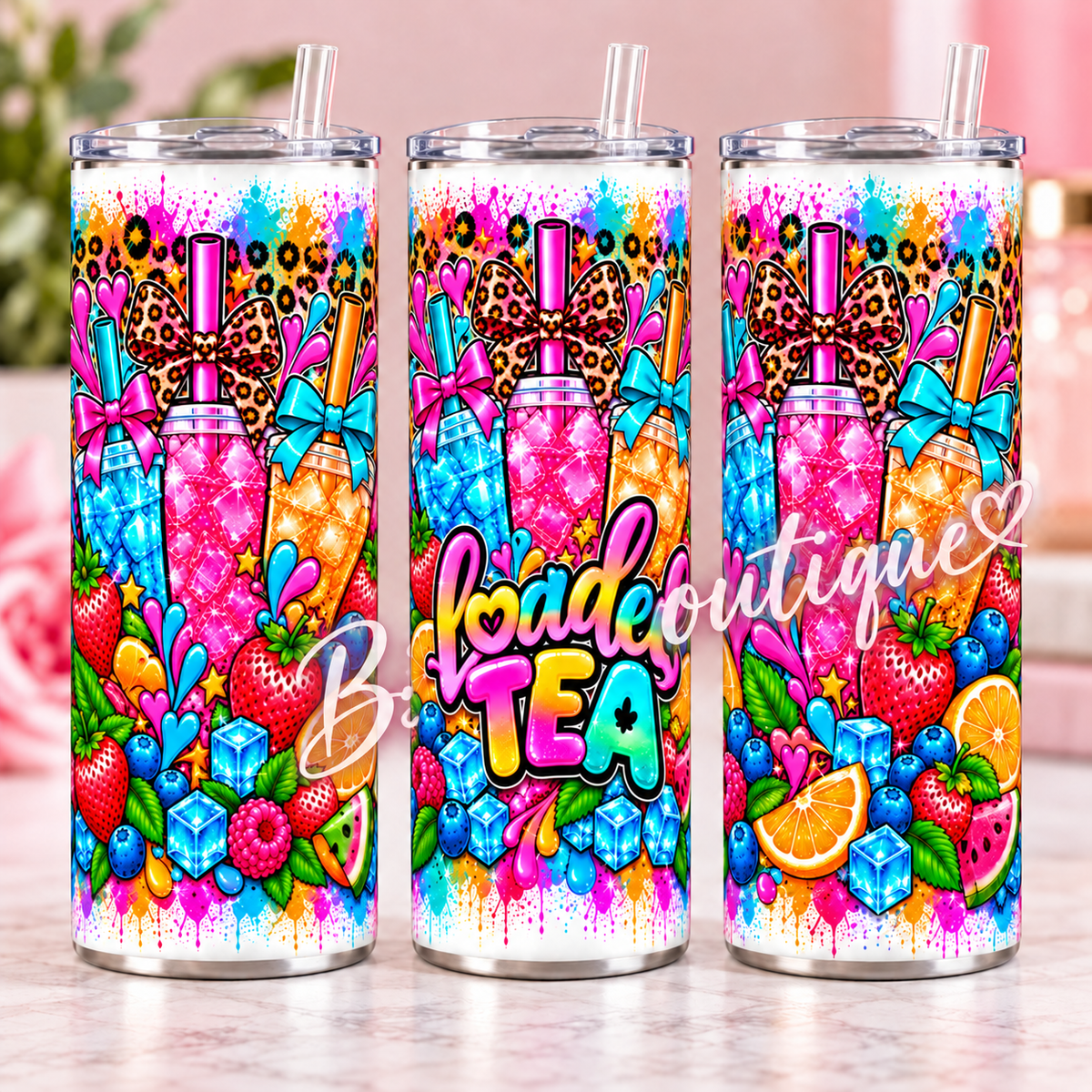 Loaded Tea Vibes 20oz Tumbler – Neon Bows & Leopard