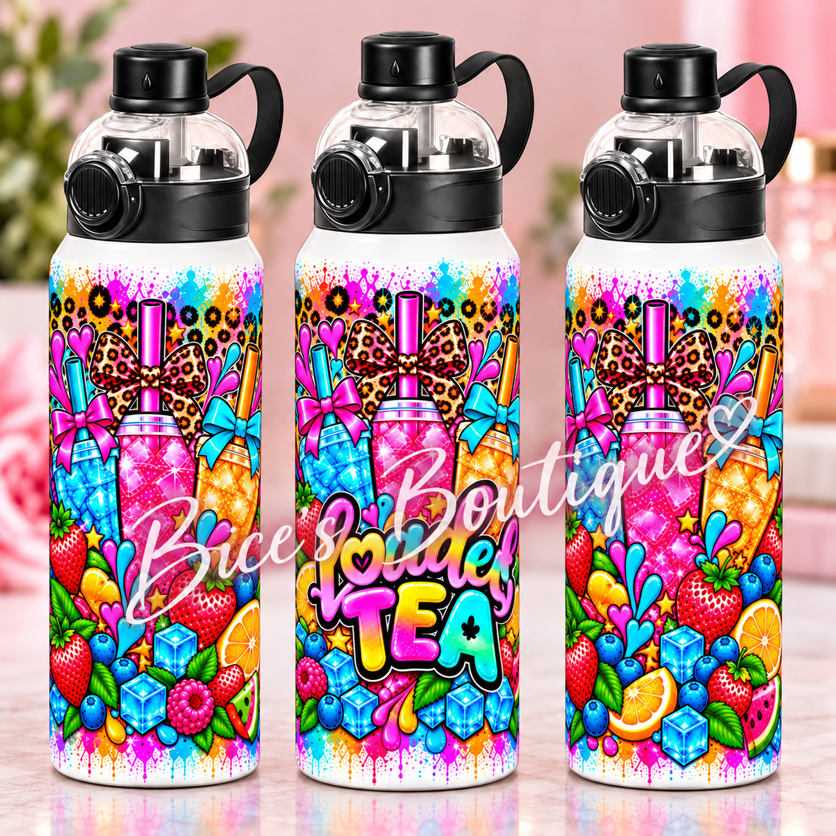 Loaded Tea Vibes 32oz Sport Tumbler β Neon Bows & Leopard