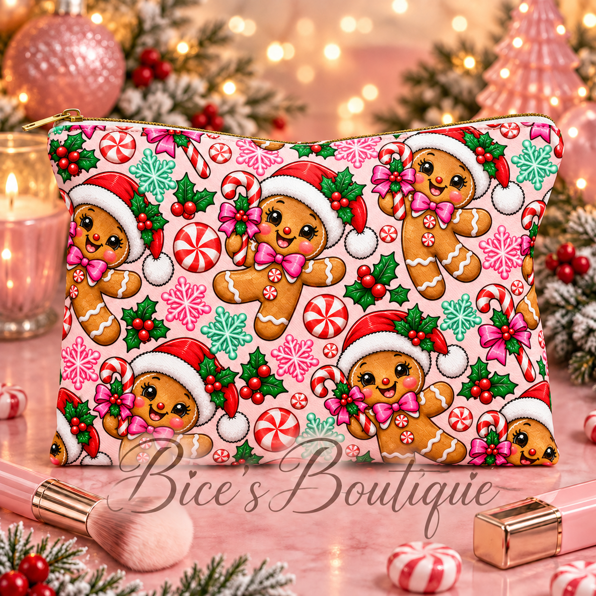 Pink Gingerbread Christmas Makeup Bag
