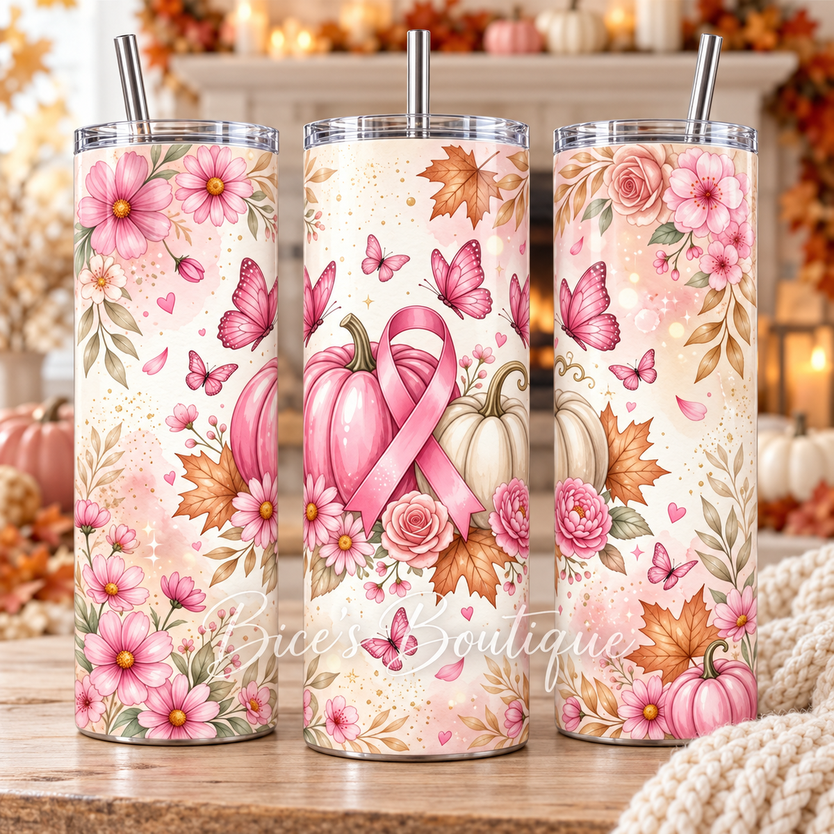 Pink Ribbon Pumpkin & Butterfly 20oz Tumbler