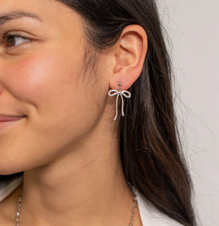 Crystal Bow Drop Earrings – Stainless Steel