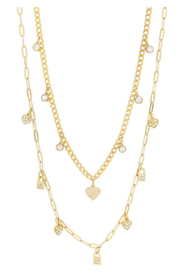 Layered Heart & Lock Charm Necklace – Gold