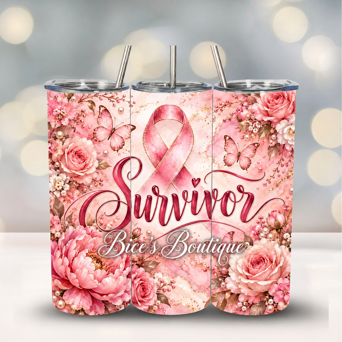 Survivor Pink Ribbon Floral Tumbler