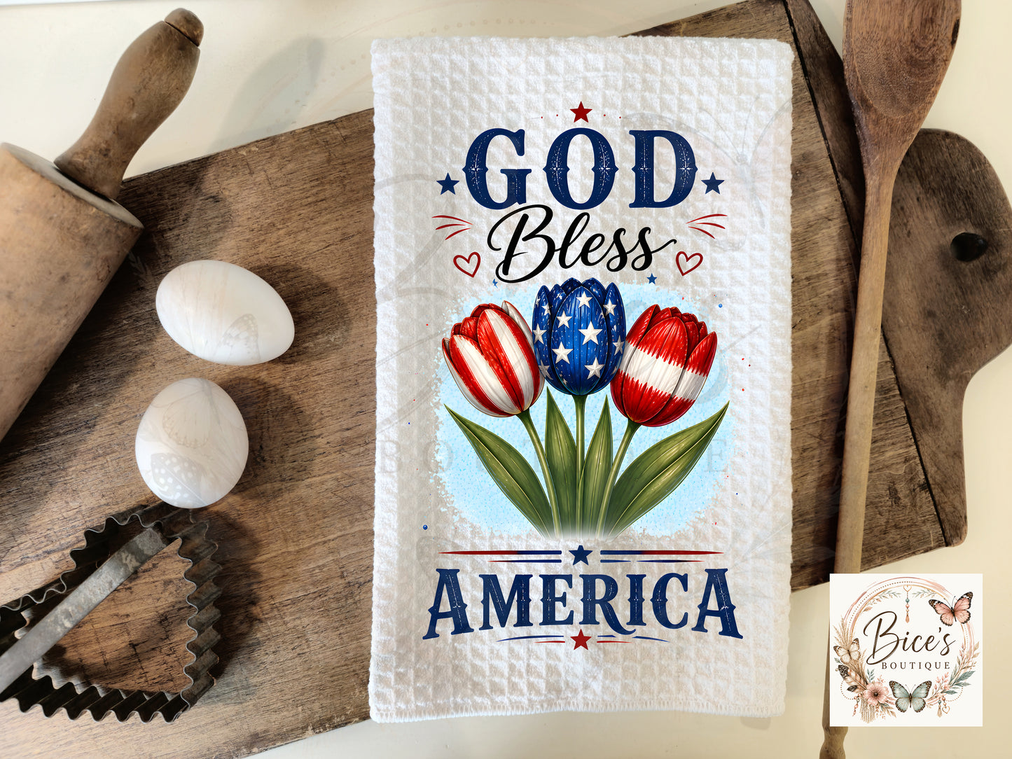 God Bless America Patriotic Kitchen Towel | Red, White & Blue Tulip Waffle Towel | Fourth of July Tea Towel