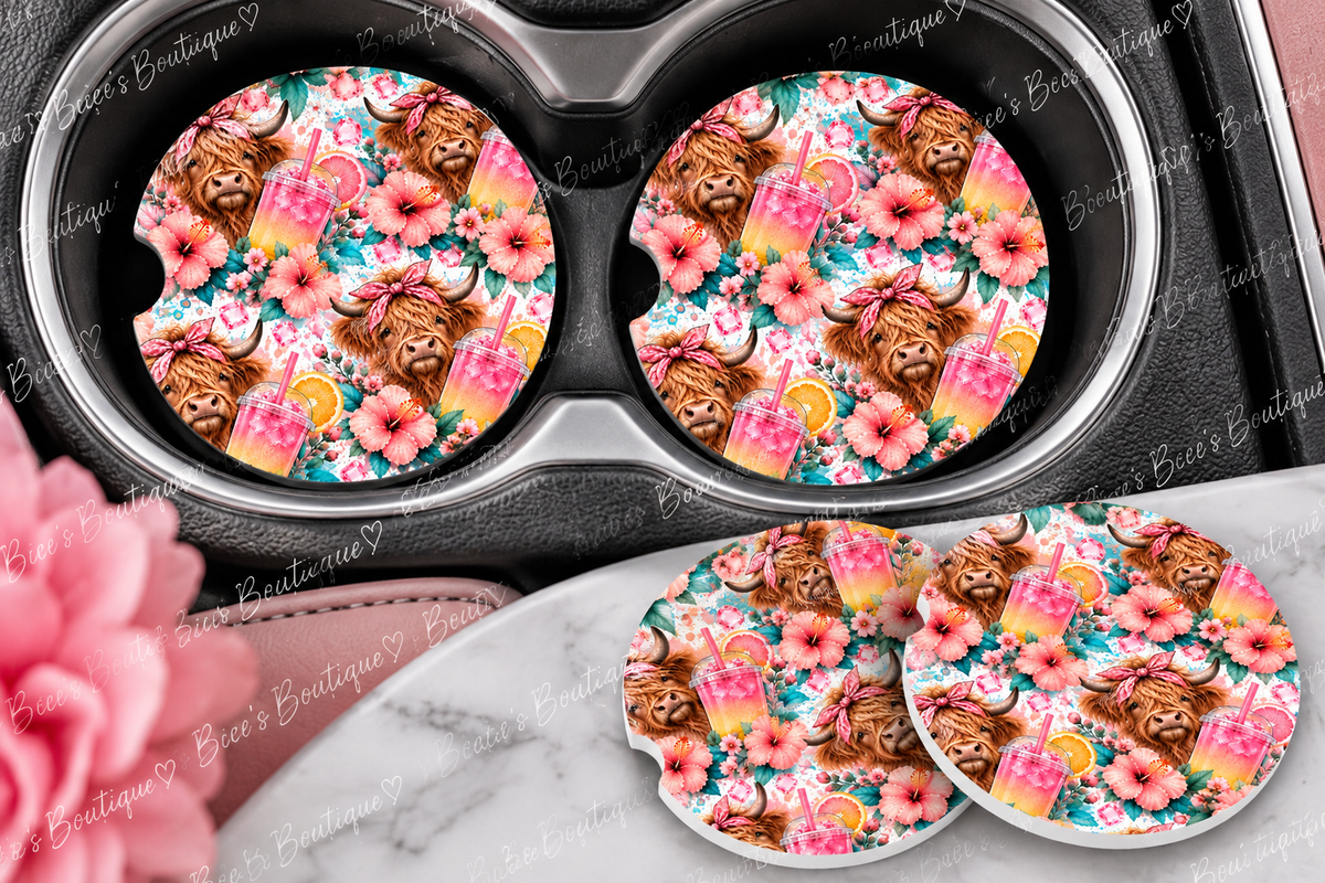 Highland Cow Loaded Tea Car Coasters โ Set of 2