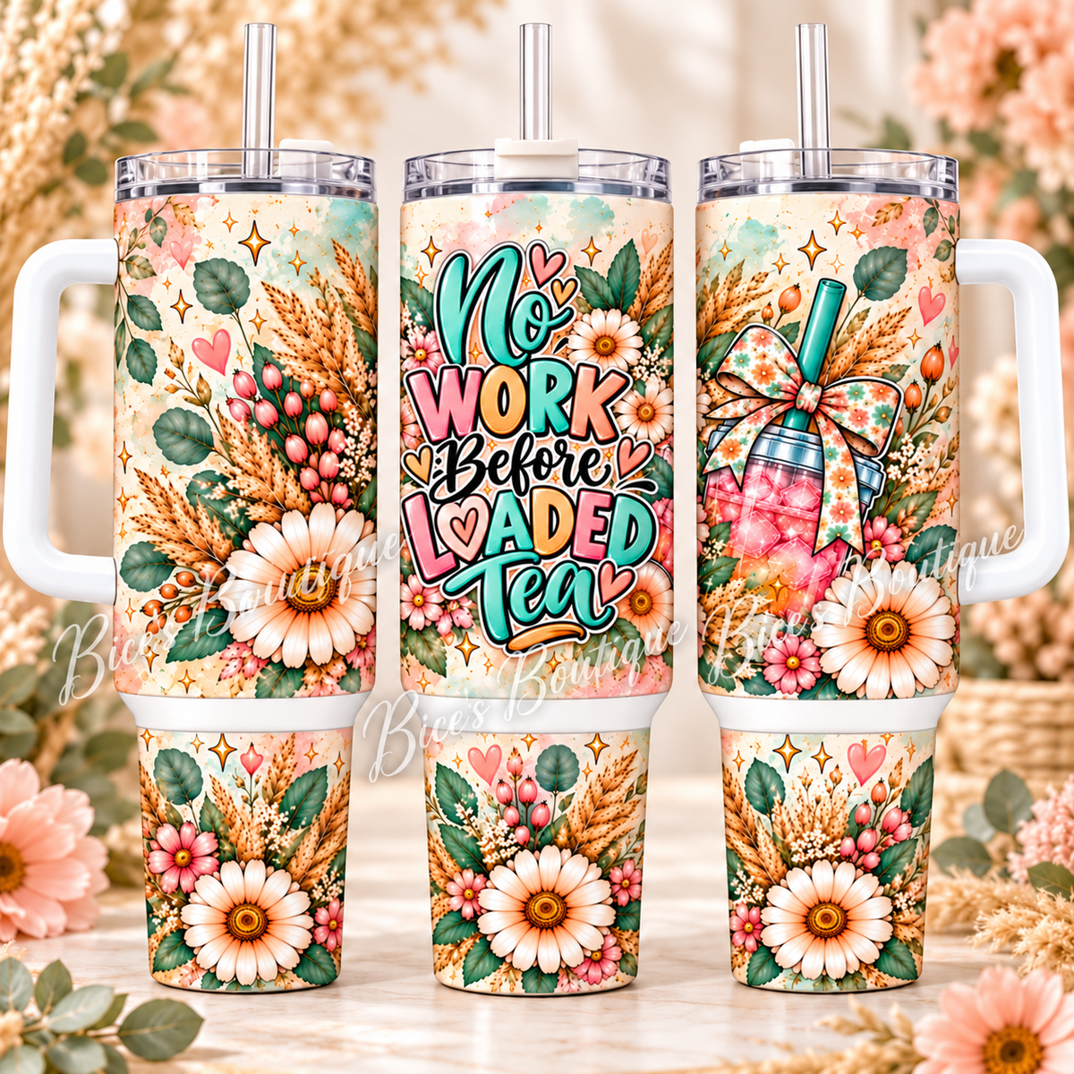 No Work Before Loaded Tea 40oz Handle Tumbler – Boho Floral