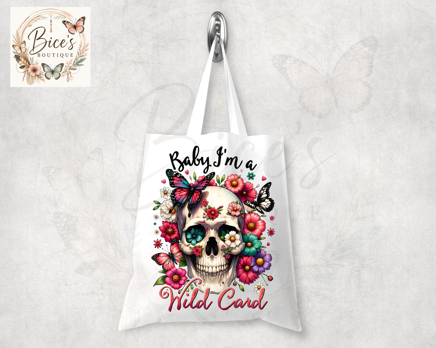 Baby I'm a Wild Card Skull Canvas Tote Bag | Floral Skull & Butterfly Reusable Boho Tote