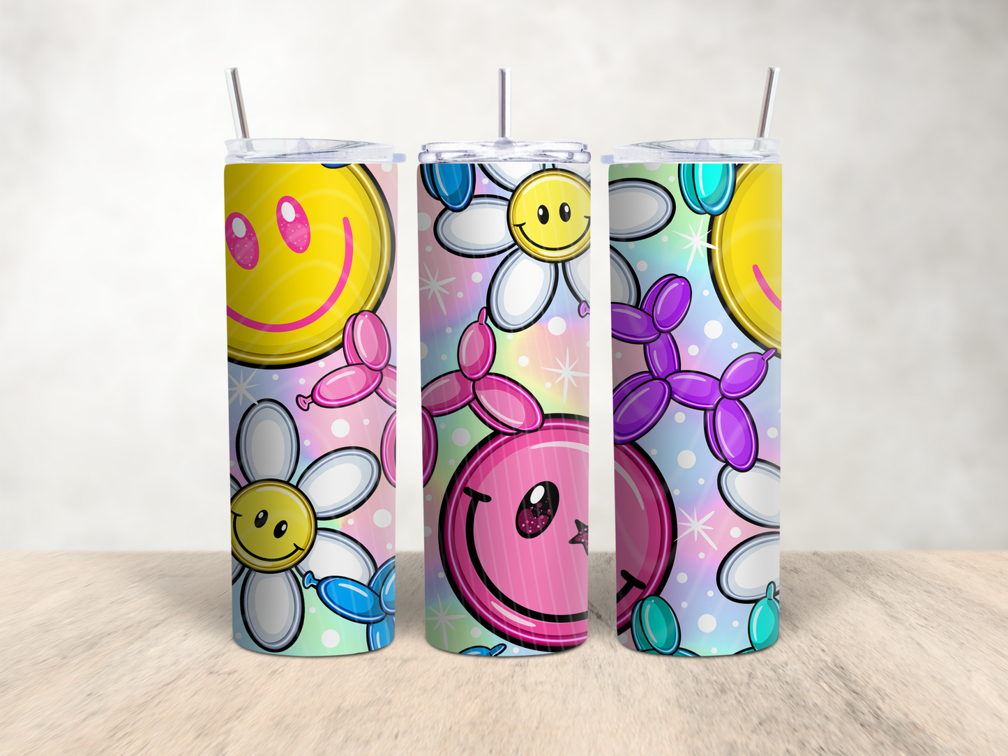 Smiley Balloon Daisy Tumbler – Colorful Y2K Style 20oz Skinny Tumbler