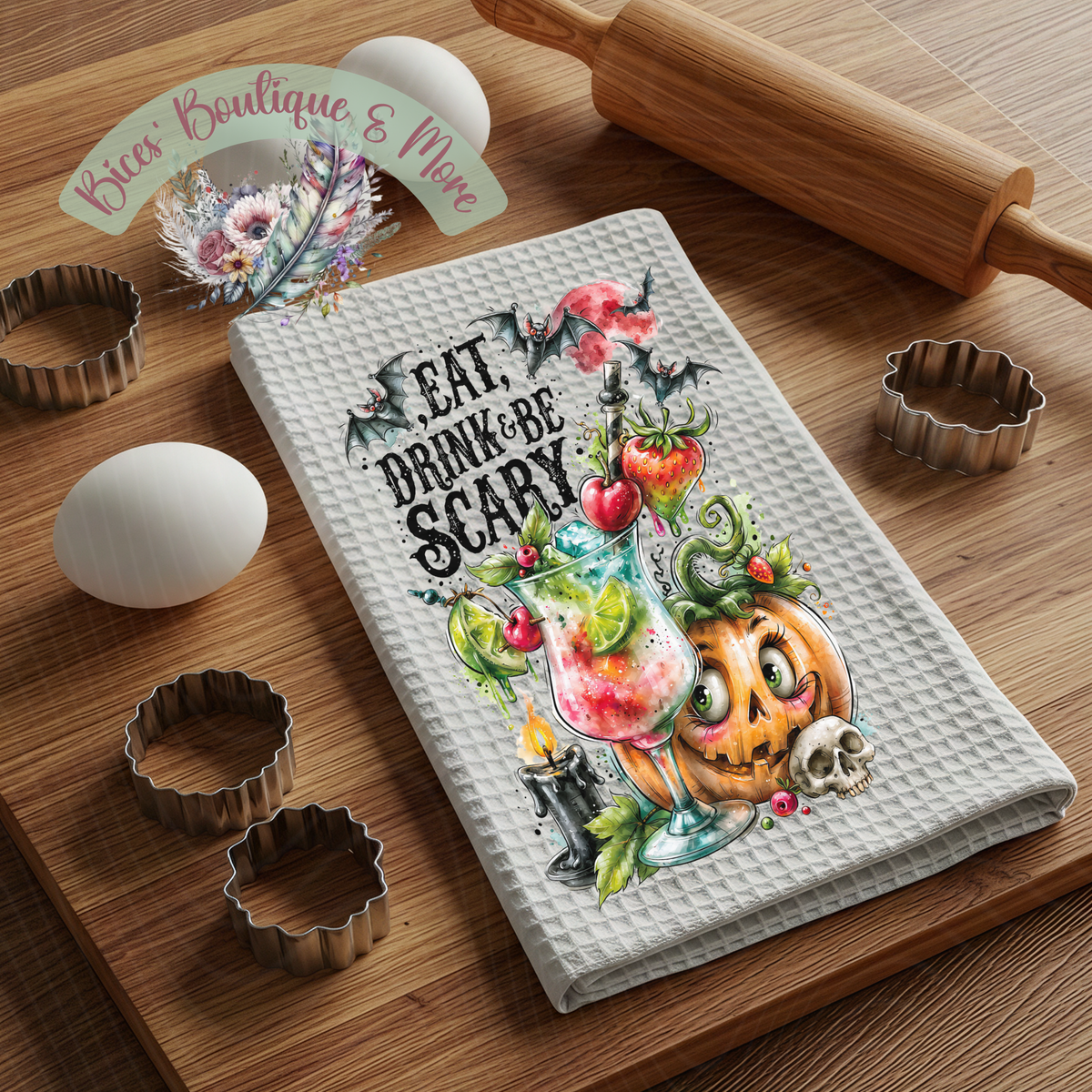 Eat, Drink & Be Scary Halloween Kitchen Towel | Cute Pumpkin & Bat Spooky Towel
