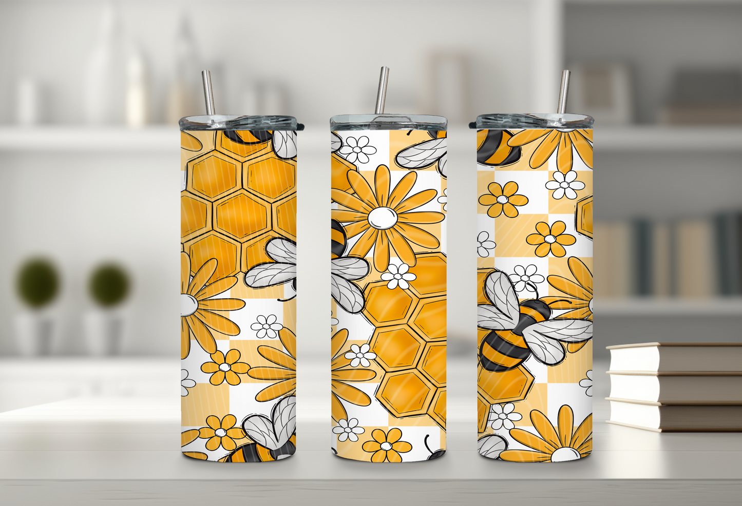 Honey Bee Floral Tumbler – Yellow Honeycomb 20oz Skinny Tumbler